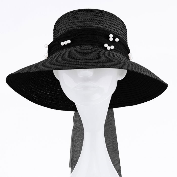 Palarie de paie impletita cu decoratiune funda cu perle fine, neagra [2]