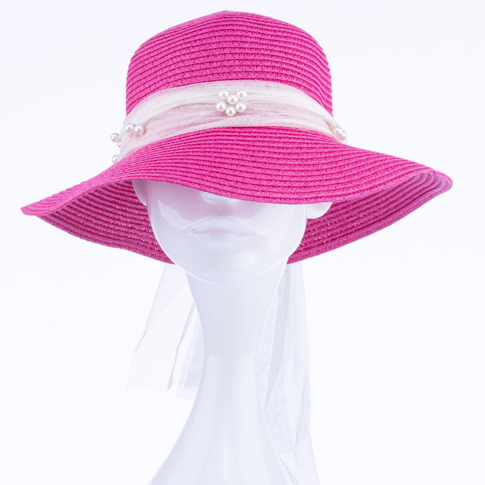 Palarie de paie impletita cu decoratiune funda cu perle fine, fucsia [2]