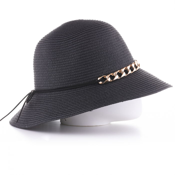 Palarie de paie impletita cu decoratiune lant auriu, neagra [2]