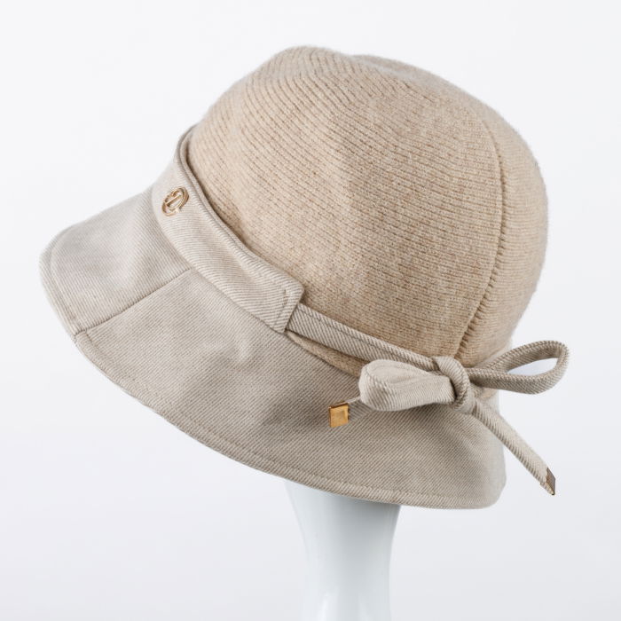 Palarie flexibila de lana si stofa cu bor mic si funda la spate, bej [2]