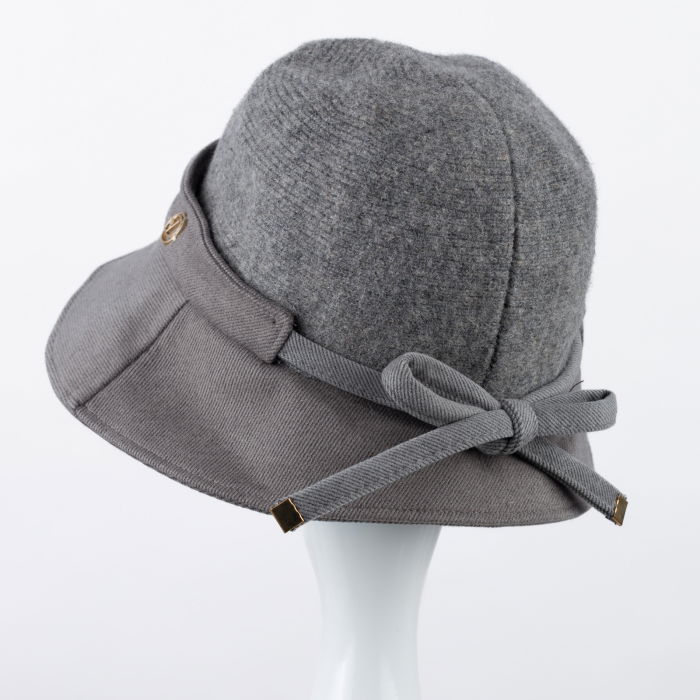 Palarie flexibila de lana si stofa cu bor mic si funda la spate, gri [2]