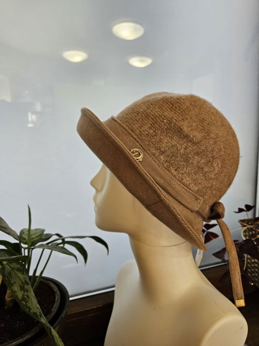 Palarie flexibila de lana si stofa cu bor mic si funda la spate, bej inchis [4]