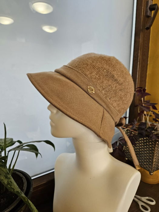 Palarie flexibila de lana si stofa cu bor mic si funda la spate, bej inchis [9]