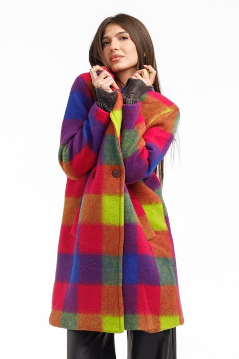 Palton dama carouri colorate cu lana ,   palton captusit elegant,  fucsia, mov albastru