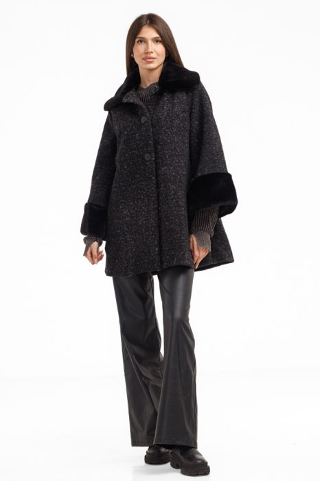 Palton dama negru cu lana, elegant, cu blanita ,   palton midi captusit