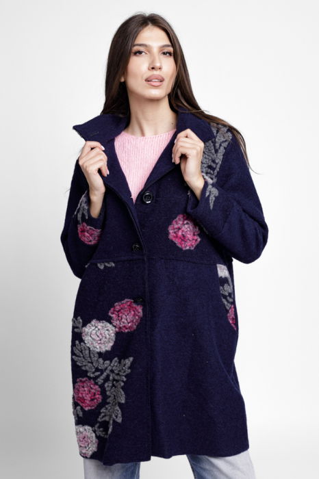 Palton bleumarin, captusit, cu flori colorate, din lana naturala [2]