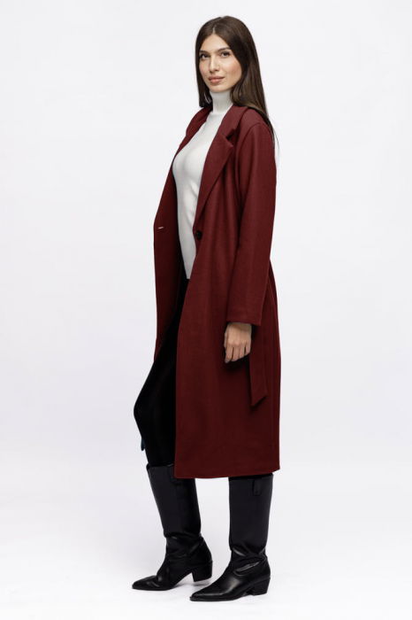 Palton lung, clasic, cu revere, din stofa bordo [2]