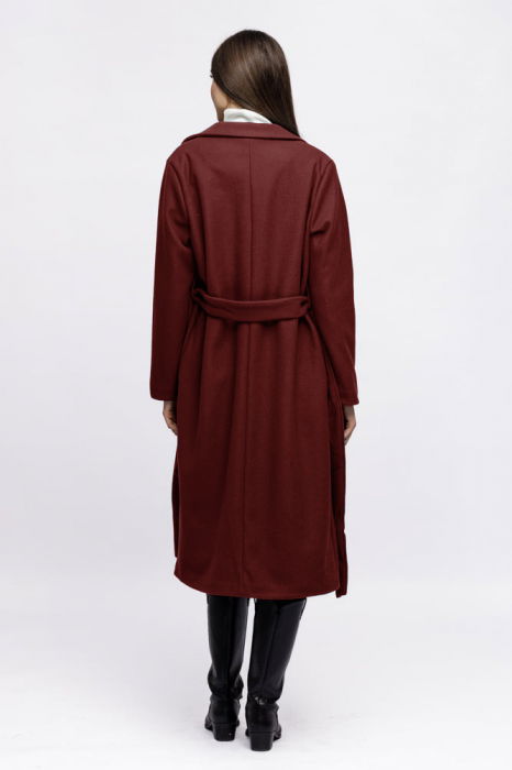 Palton lung, clasic, cu revere, din stofa bordo [3]
