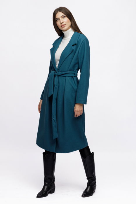 Palton lung, clasic, cu revere, din stofa turcoaz [2]