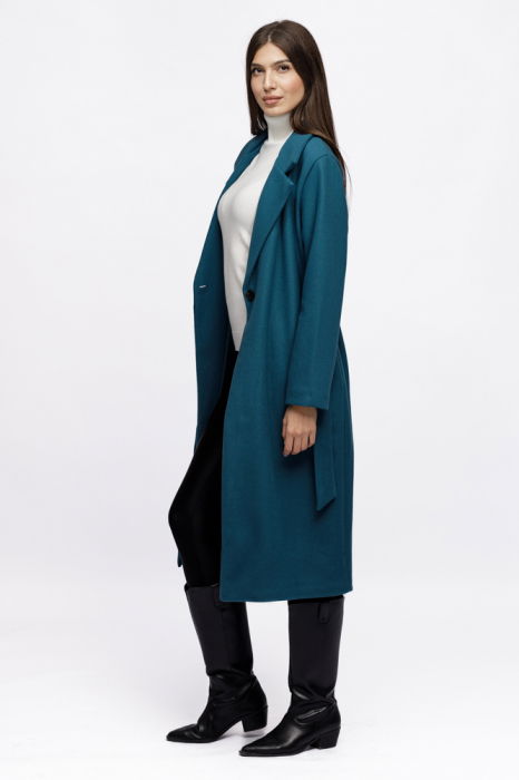 Palton lung, clasic, cu revere, din stofa turcoaz [3]
