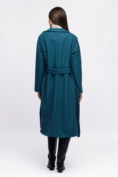 Palton lung, clasic, cu revere, din stofa turcoaz [4]