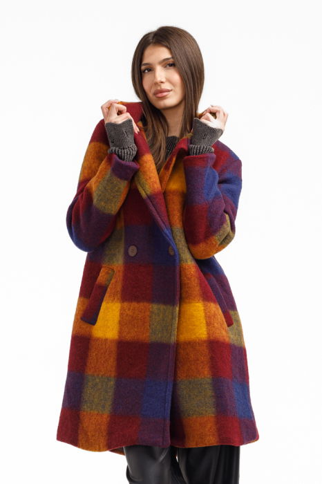 Palton dama carouri colorate cu lana ,   palton captusit elegant, galben, rosu, bordo si albastru