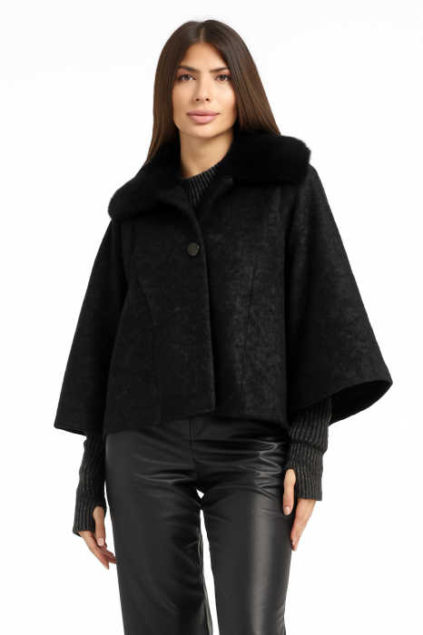 Palton scurt dama negru, cu lana, cu guler blanita ,   jacheta eleganta captusita