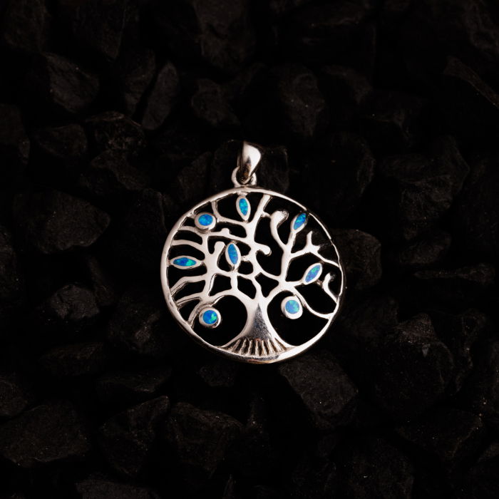 Pandant rotund Pomul Vietii din argint 925 cu frunze albastre din paua shell [3]