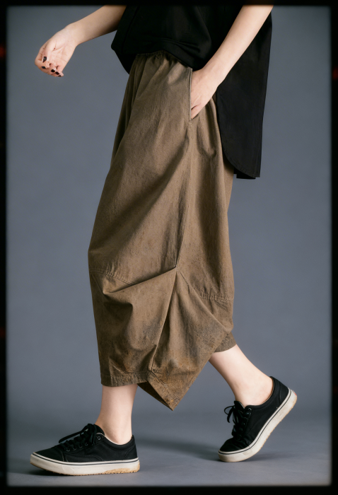 Pantaloni balon cu drapaj lateral, stil japonez, bej inchis [1]