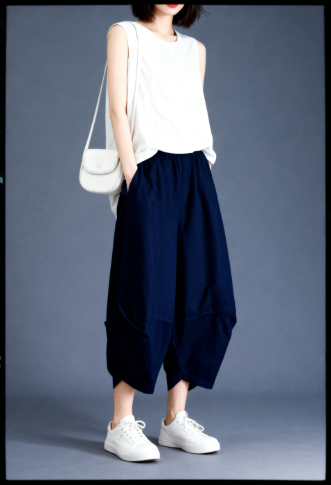 Pantaloni balon cu drapaj lateral, stil japonez, bleumarin [1]