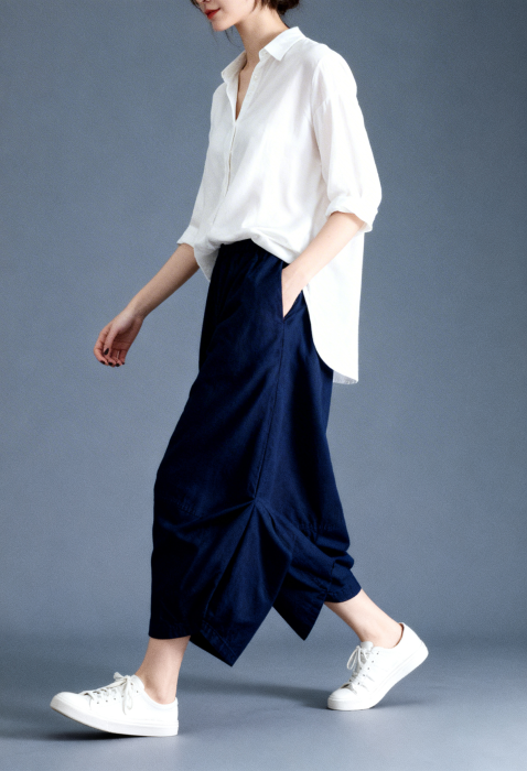 Pantaloni balon cu drapaj lateral, stil japonez, bleumarin [2]