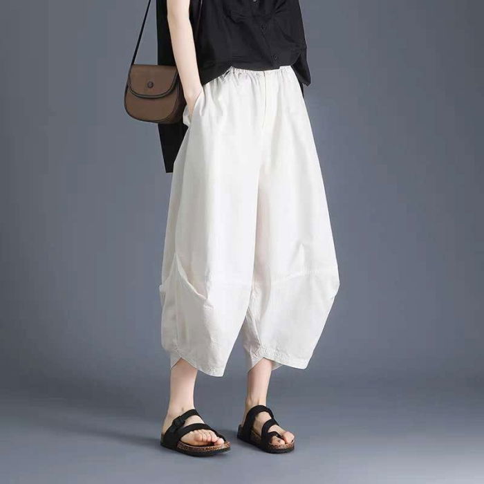 Pantaloni balon cu drapaj lateral, stil japonez, albi [4]