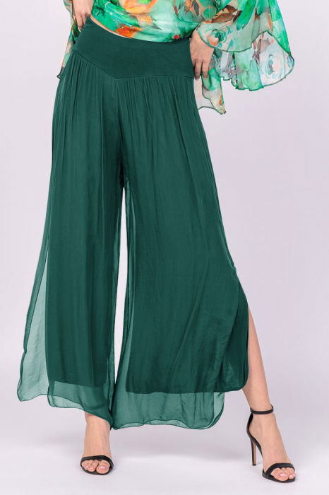 Pantaloni verde inchis din matase si vascoza, cu crapaturi laterale