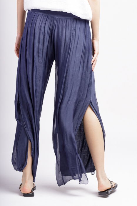 Pantaloni bleumarin din matase si vascoza, cu crapaturi laterale [3]