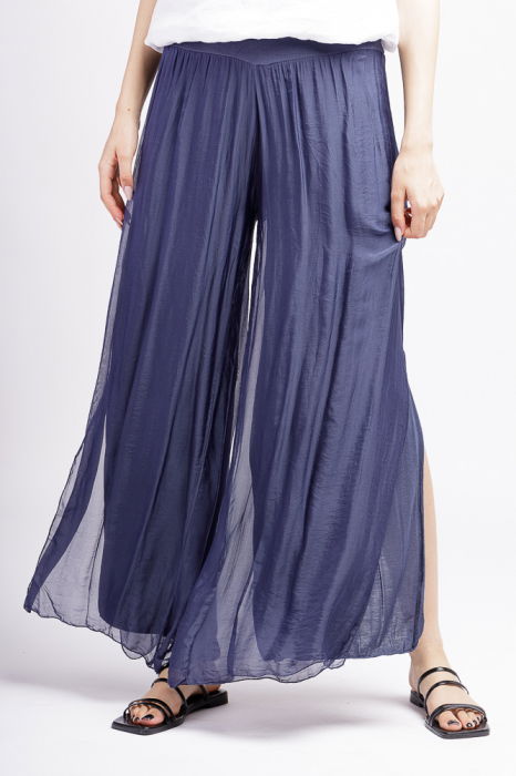 Pantaloni bleumarin din matase si vascoza, cu crapaturi laterale