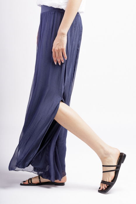 Pantaloni bleumarin din matase si vascoza, cu crapaturi laterale [2]