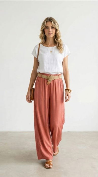 Pantaloni dama lejeri din tencel, cu talie elastica si curea, roz inchis [2]