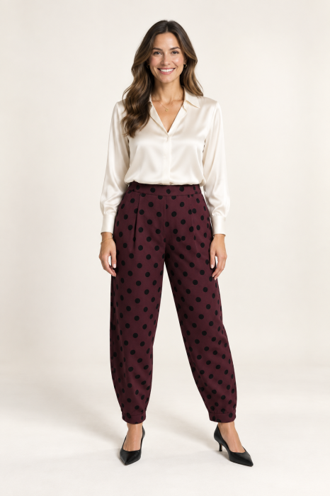 Pantaloni bordo lejeri cu imprimeu buline subtil emosate ,   croi relaxat, talie confortabila