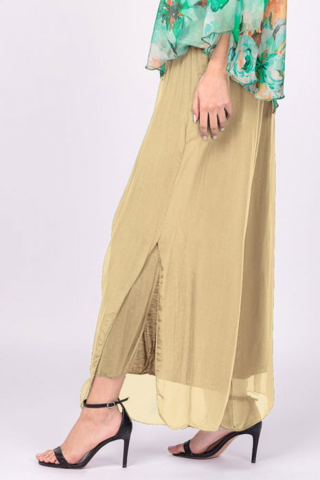 Pantaloni camel deschis din matase naturala cu crapaturi laterale [2]