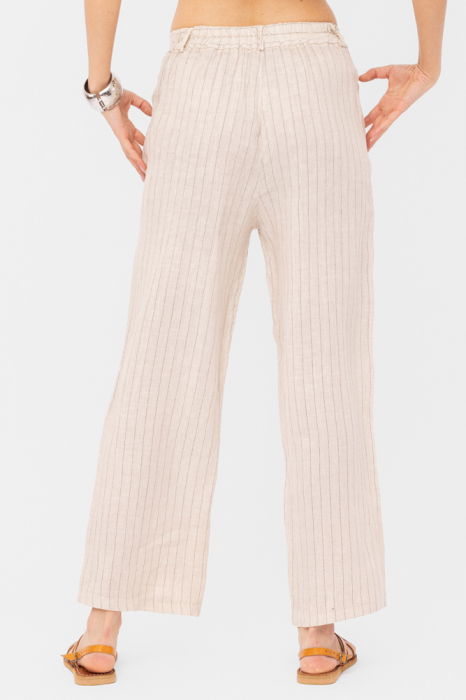 Pantaloni cu fermoar, de vara, din in, cu dungute fine, bej [2]