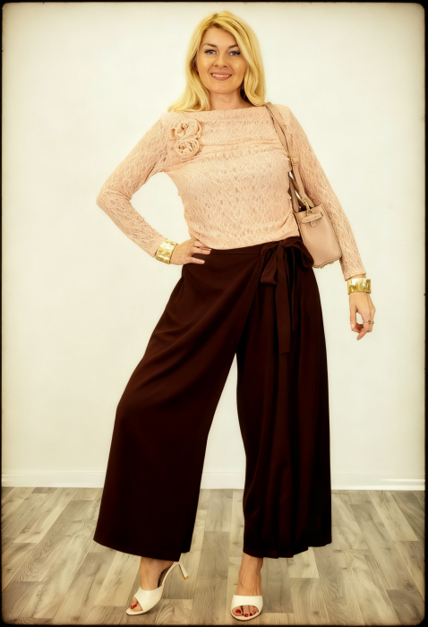 Pantaloni dama eleganti palazzo cu talie inalta si cordon decorativ, maro [2]