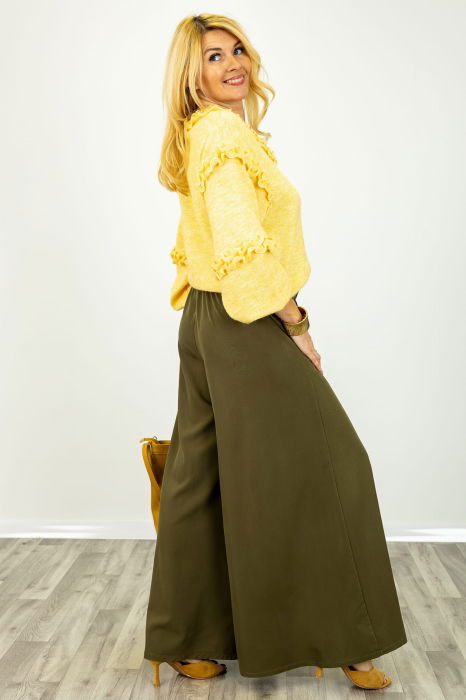 Pantaloni dama eleganti palazzo cu talie inalta si croiala fluida, kaki [4]