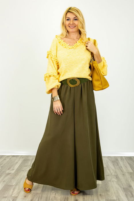 Pantaloni dama eleganti palazzo cu talie inalta si croiala fluida, kaki [1]