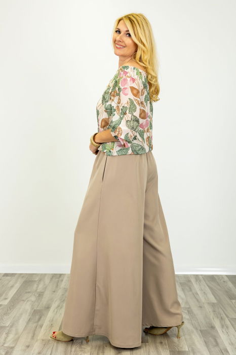 Pantaloni dama eleganti palazzo cu talie inalta si croiala fluida, bej [2]