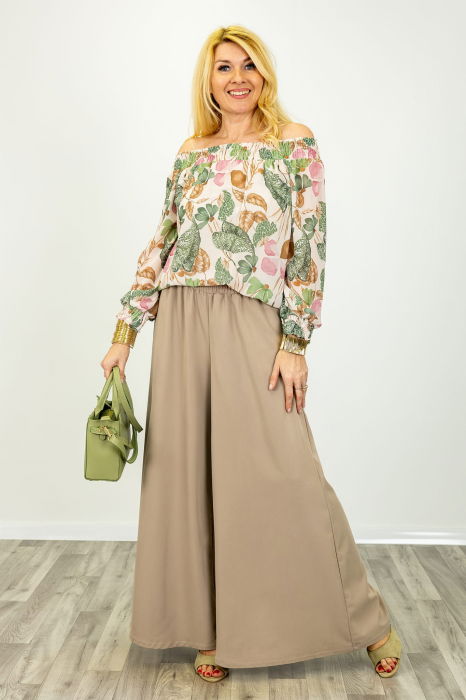 Pantaloni dama eleganti palazzo cu talie inalta si croiala fluida, bej [3]