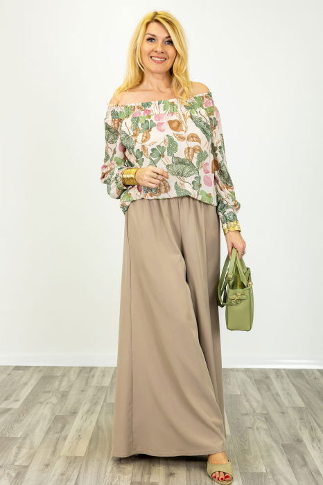 Pantaloni dama eleganti palazzo cu talie inalta si croiala fluida, bej [4]