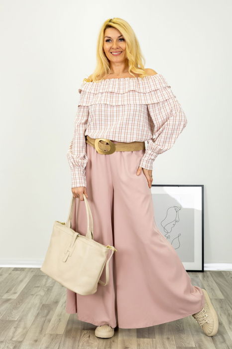 Pantaloni dama eleganti palazzo cu talie inalta si croiala fluida, roz prafuit [1]