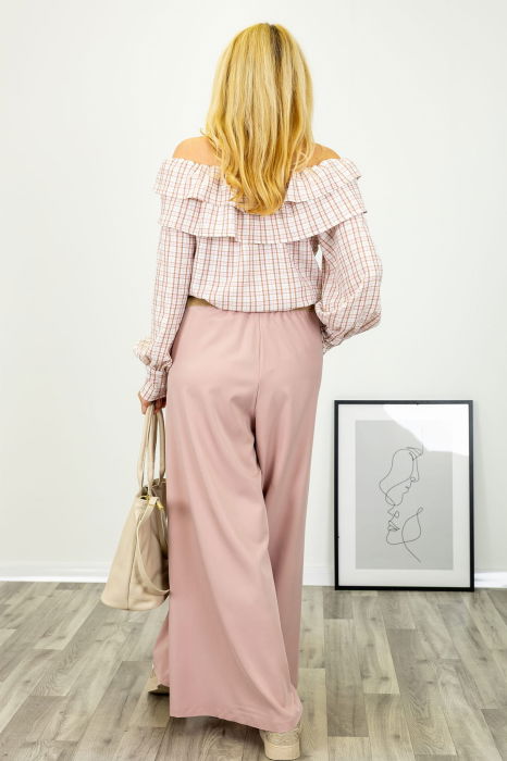 Pantaloni dama eleganti palazzo cu talie inalta si croiala fluida, roz prafuit [4]