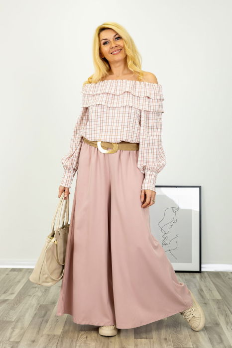 Pantaloni dama eleganti palazzo cu talie inalta si croiala fluida, roz prafuit [3]