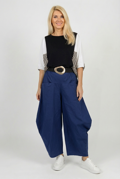 Pantaloni dama largi cu fronseu lateral si buzunare, bleumarin [1]