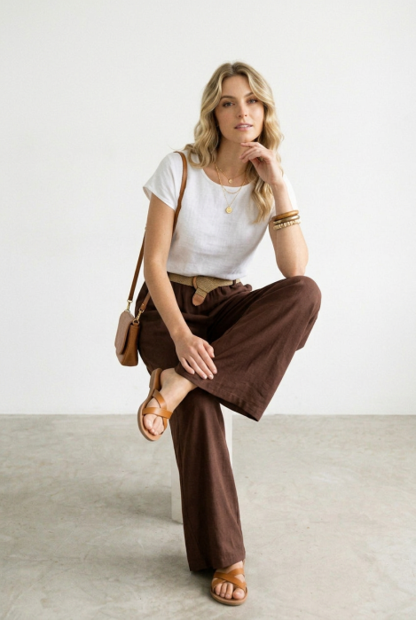 Pantaloni dama lejeri din tencel, cu talie elastica si curea, maro [2]