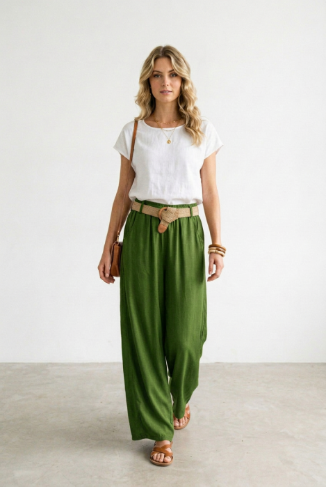 Pantaloni dama lejeri din tencel, cu talie elastica si curea, verde olive [2]