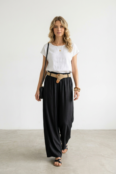 Pantaloni dama lejeri din tencel, cu talie elastica si curea, negri [2]