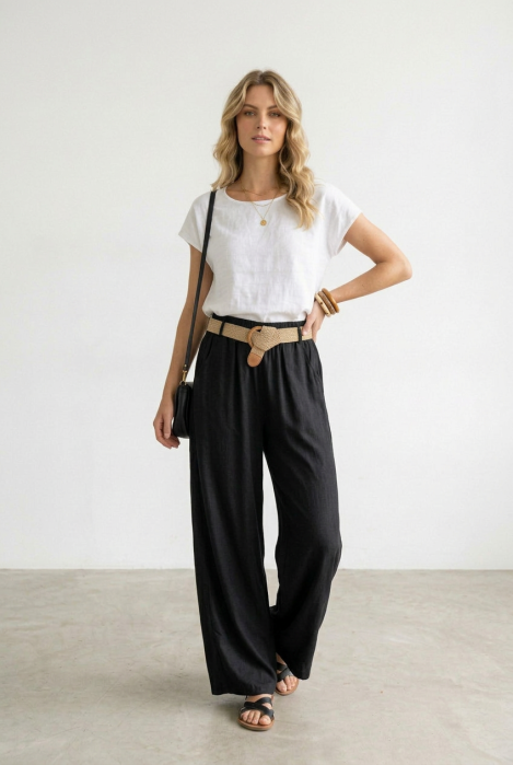 Pantaloni dama lejeri din tencel, cu talie elastica si curea, negri [1]