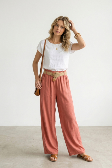 Pantaloni dama lejeri din tencel, cu talie elastica si curea, roz inchis [1]