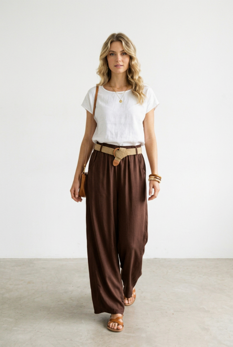 Pantaloni dama lejeri din tencel, cu talie elastica si curea, maro [1]