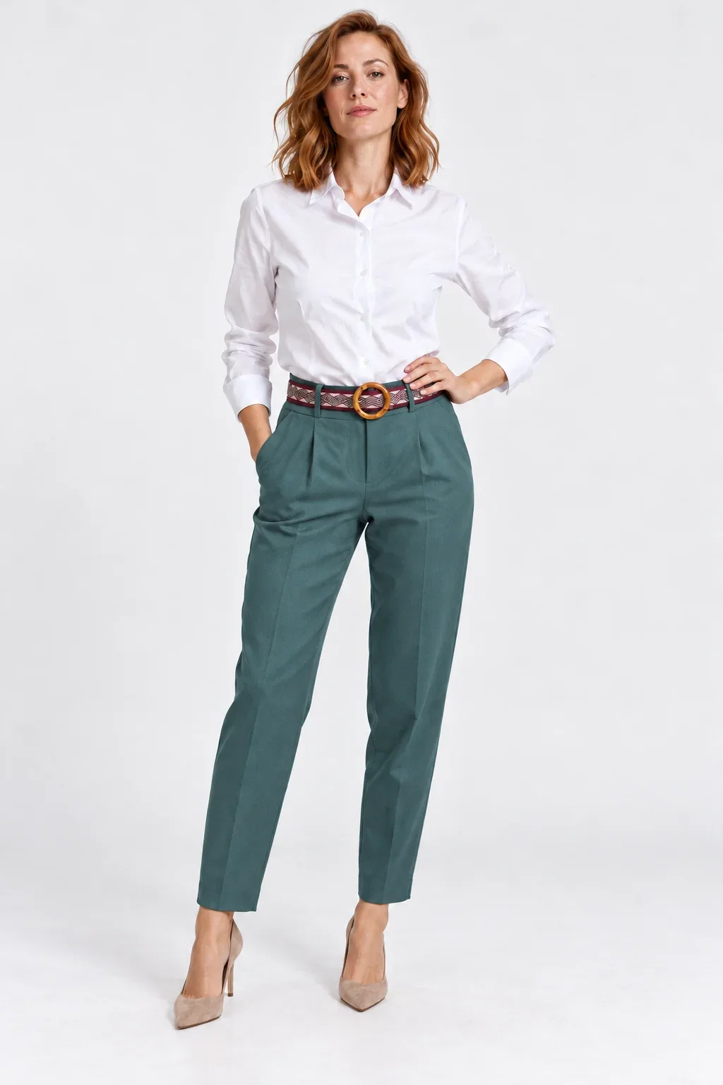 Pantaloni de toamna turcoaz inchis cu pense croi relaxat, curea asortata inclusa — Colecție Damă, Pantaloni