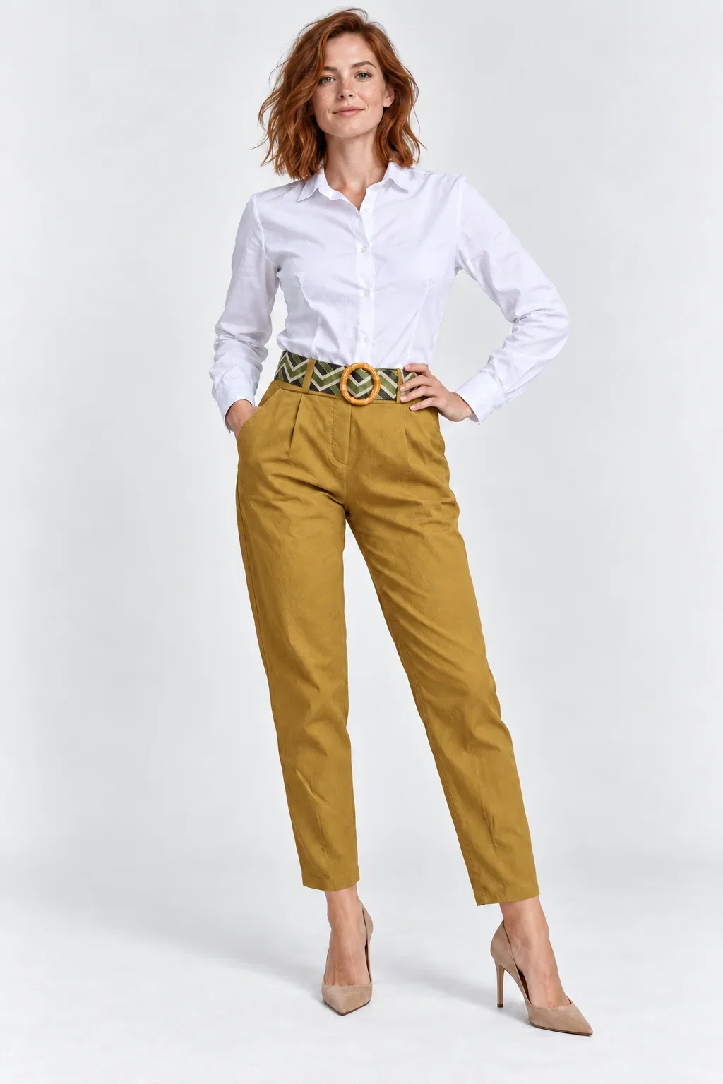 Pantaloni de toamna galben ocru cu pense croi relaxat, curea asortata inclusa — Colecție Damă, Pantaloni