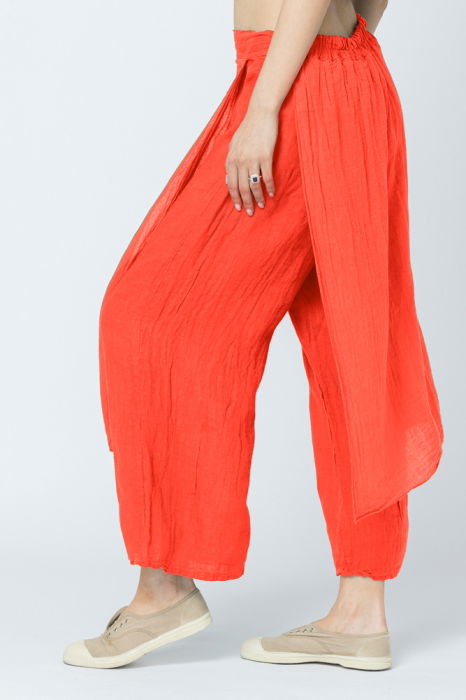 Pantaloni de vara din in, cu aplicatii pe fata si spate, corai [2]