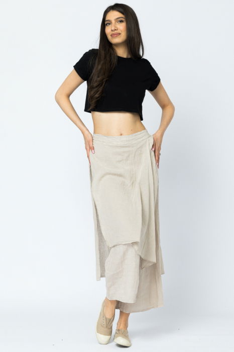 Pantaloni de vara din in, cu aplicatii pe fata si spate, bej